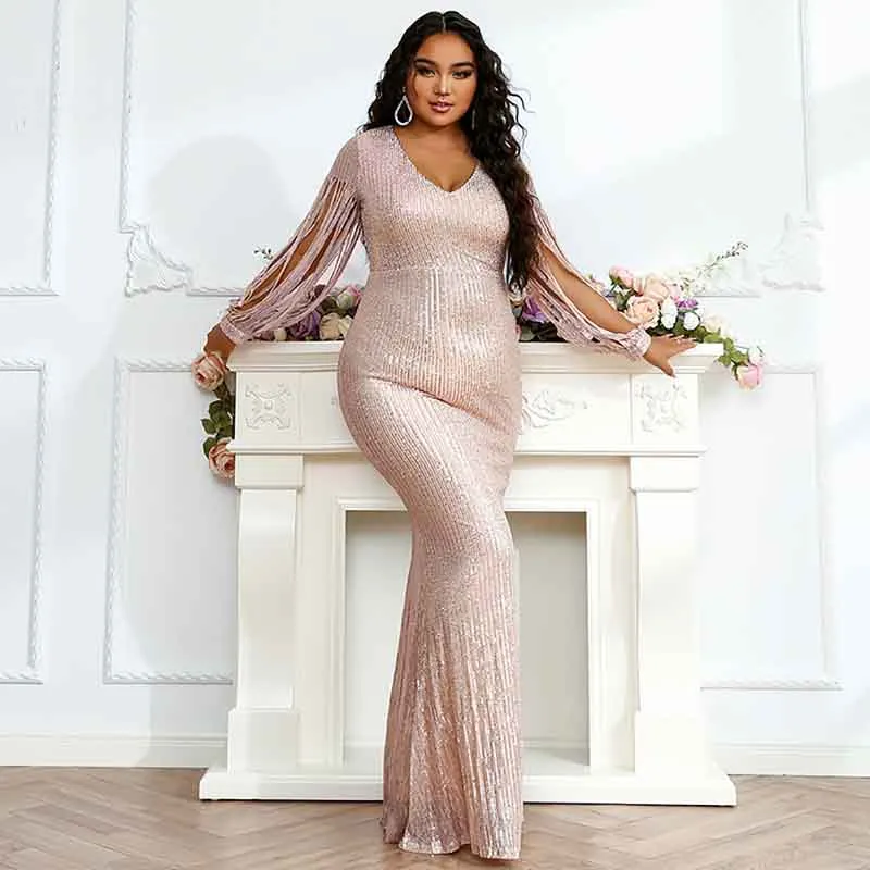 Women Plus Size Shinny Sequin Long Evening Dress Formal Prom Gown