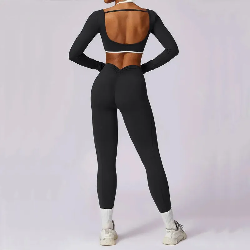 Women's Fitness Sports Crop Top Long Sleeve and High Waist Leggings Set