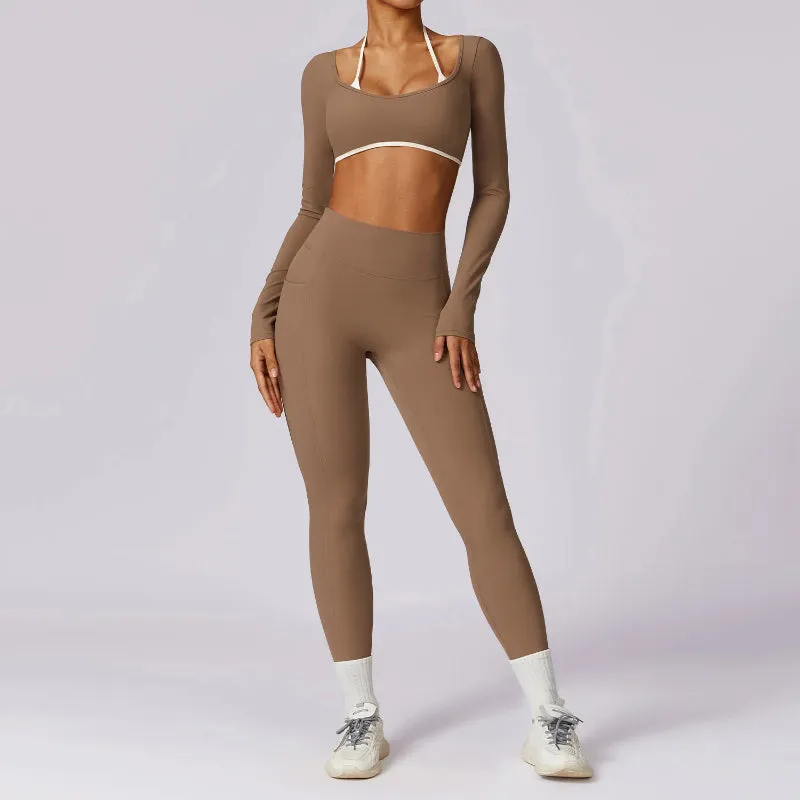 Women's Fitness Sports Crop Top Long Sleeve and High Waist Leggings Set