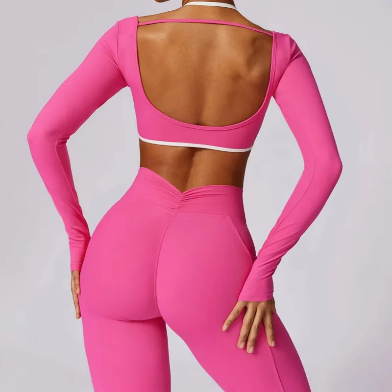 Women's Fitness Sports Crop Top Long Sleeve and High Waist Leggings Set