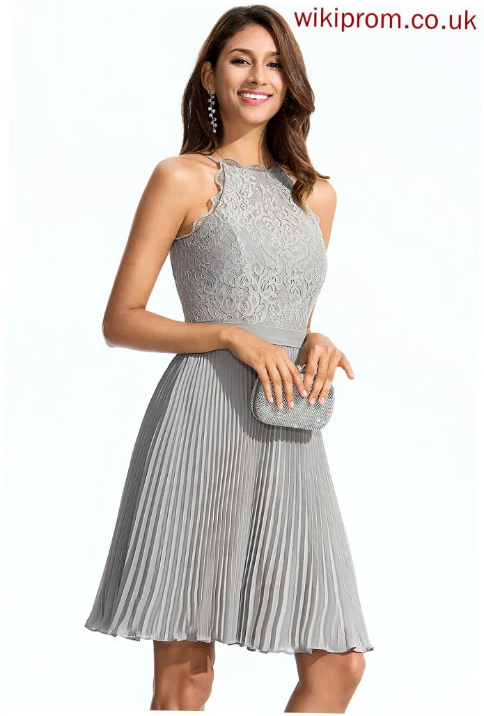 Yuliana Cocktail Dresses A-Line Knee-Length Chiffon Cocktail Pleated Dress Neck With Scoop Lace