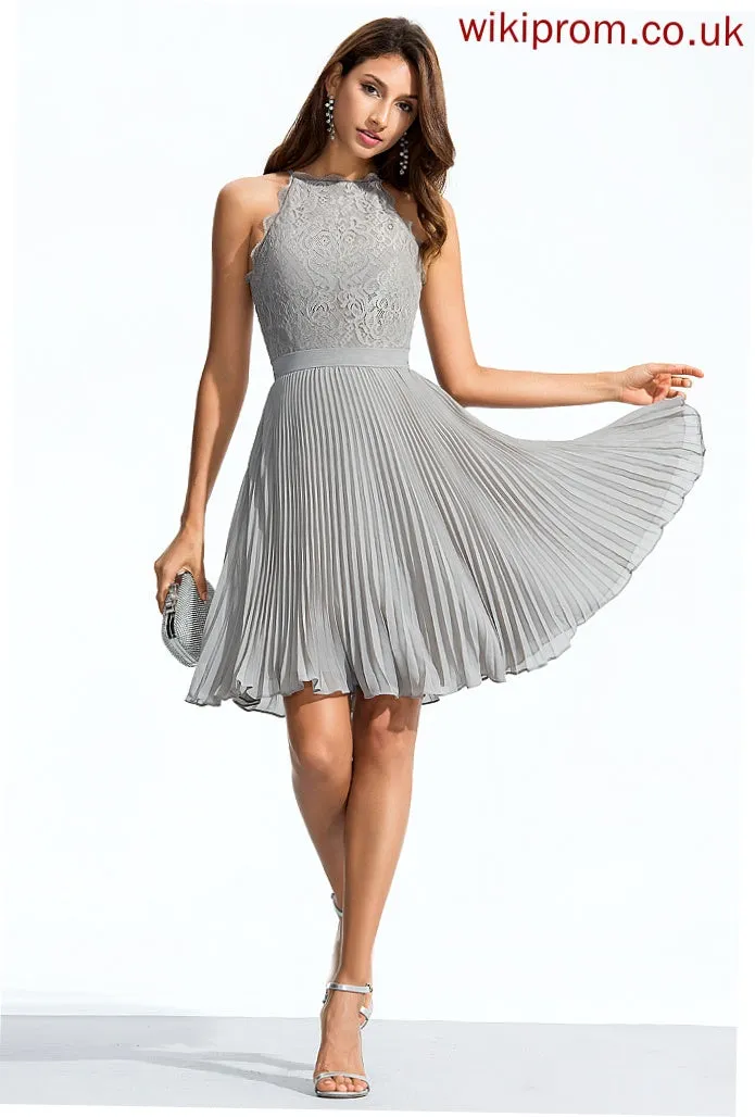 Yuliana Cocktail Dresses A-Line Knee-Length Chiffon Cocktail Pleated Dress Neck With Scoop Lace