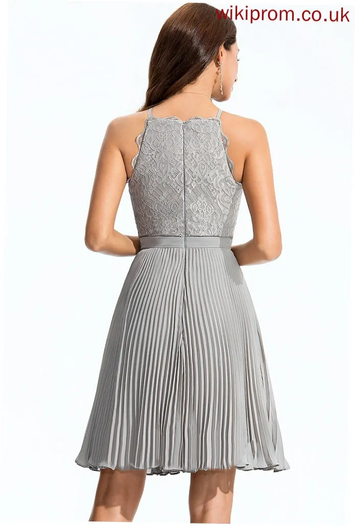 Yuliana Cocktail Dresses A-Line Knee-Length Chiffon Cocktail Pleated Dress Neck With Scoop Lace